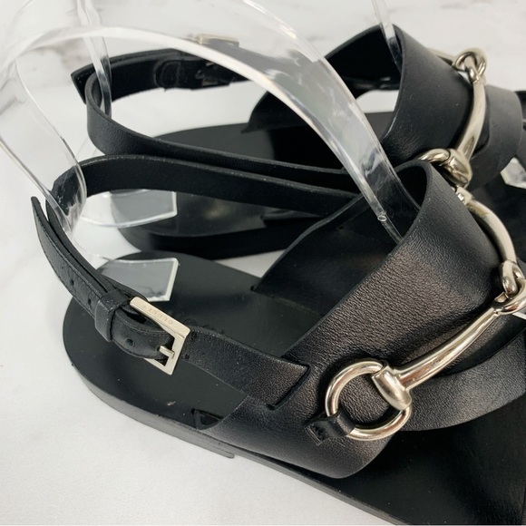 GUCCI Juliette Black Leather Horsebit Open Toe Flat Strappy Summer Sandals 38.5 - Picture 8 of 13